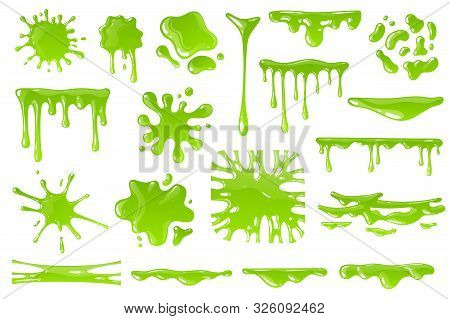 Green Cartoon Slime. Goo Blob Splashes, Sticky Dripping Mucus. Slimy Drops, Messy Borders For Hallow