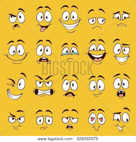 Cartoon Faces. Funny Face Expressions, Caricature Emotions. Cute Character With Different Expressive