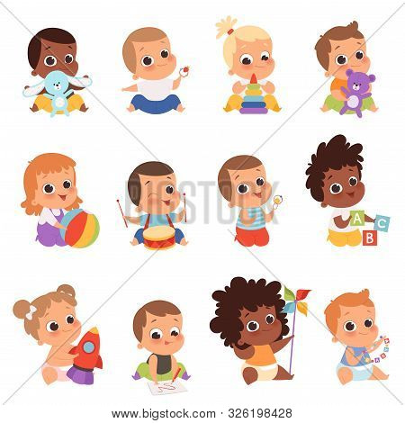 Baby Characters. New Born Kids Playing Toys Happy Childhood Small Little One Vector Babies. Illustra