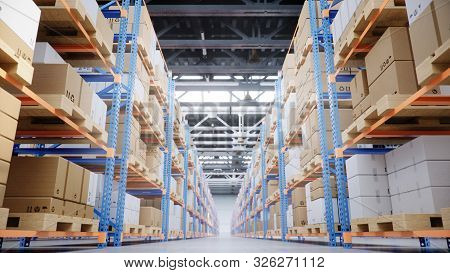 Warehouse With Cardboard Boxes Inside On Pallets Racks, Logistic Center. Huge, Large Modern Warehous