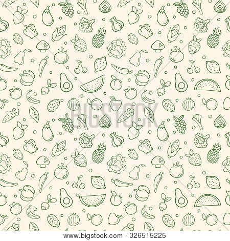 Natural Food Seamless Pattern Of Green Outline Vegetable And Fruit Icons. Organic Foods Concept Back