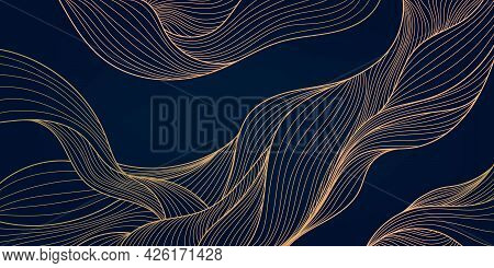 Vector Abstract Luxury Golden Wallpaper, Wavy Line Art Background. Art Deco Pattern, Texture For Pri