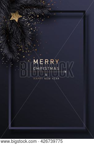 Glamorous Christmas banner with fir black branches. Merry christmas and happy new year banner. Merry christmas and happy new year banner 2022. Christmas background. Merry Christmas card with gold snowflakes vector Illustration. Merry Christmas card vector