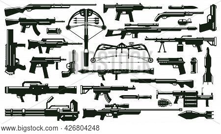 War Weapon Silhouettes. Automatic Gun Kit, Grenade Launchers, Weapons Bullets, Firearm Supplies Vect