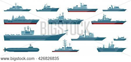 Military Boats. Aircraft Carrier, Warship, Navy Frigate, Battleship, Submarine, War Vessel. Naval Co