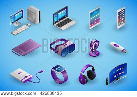 Realistic Electronic Devices And Gadgets In Isometry. Vector Isometric Illustration Of Electronic De