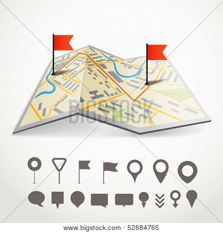 Folded abstract city map with the route and collection of different pins