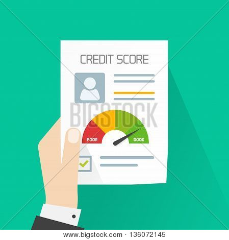 Credit score document vector concept, banker hand holding paper sheet chart of personal credit score information, person data report form, good index of credit history and approved stamp isolated