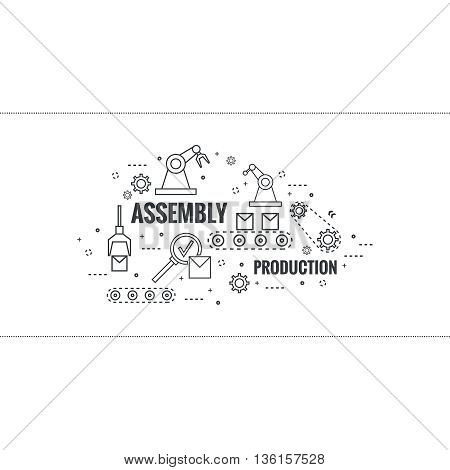 Thin Line Art Design. Linear vector set icons and elements.  Concept Production line, Assembly, development, robotic automatic conveyor manufacture. Gear wheel and belt.