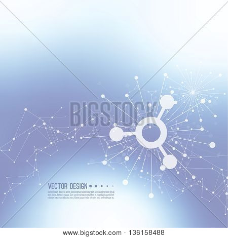 Array with dynamic emitted particles. Node molecule structure. Science and connection concept. Techno Research, brain cells, neurons. Vector abstract background. Framework backdrop