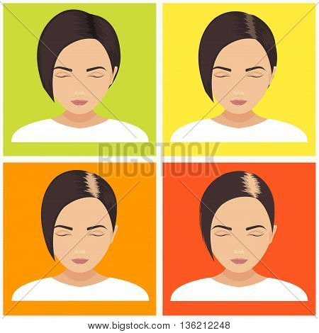 Female hair loss stages vector set on multicolored background. Female pattern baldness. Different stages of hair loss in women. Transplantation of hair. Human hair growth. Hair care concept.