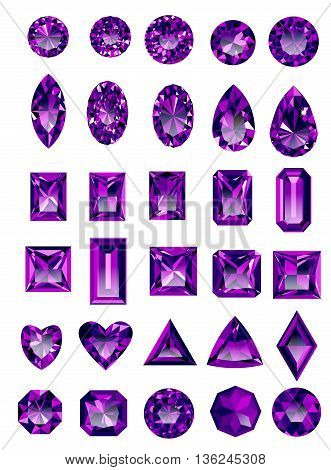 Set of realistic purple amethyst jewels isolated on white background with different cuts. Princess cut jewel. Round cut jewel. Emerald cut jewel. Oval cut jewel. Pear cut jewel . Heart cut jewel.