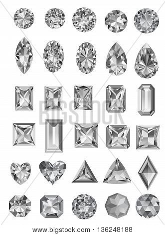 Set of realistic jewels isolated on white background with different cuts. Princess cut jewel. Round cut jewel. Emerald cut jewel. Oval cut jewel. Pear cut jewel . Heart cut jewel.