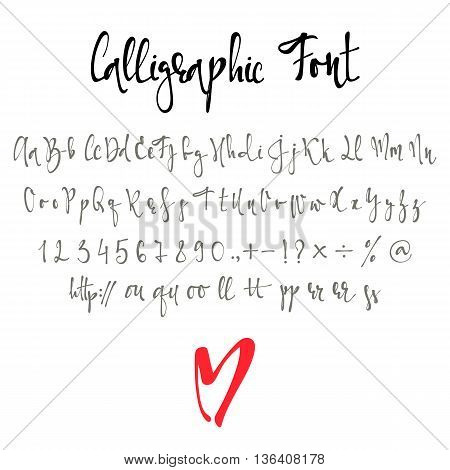 Calligraphic font with numbers, ampersand and symbols. Modern Alphabet font. Letters alphabet, Calligraphy alphabet, handmade font.