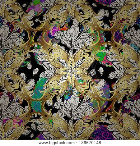 Seamless vintage pattern on black background with golden elements.