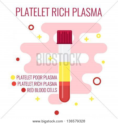 Test tube filled with blood for PRP procedure on red background. Platelet rich plasma blood test tube icon. Laboratory centrifuge test tube with blood plasma. Medical concept. Vector illustration.