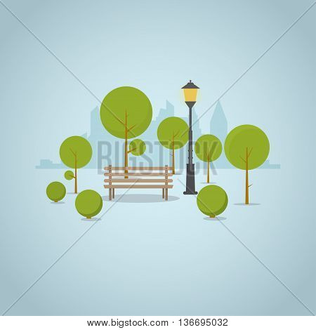 Wooden park bench in big city park with trees and bushes city skyscrapers skyline on background. Street classic park lamp near bench and circled shadows.