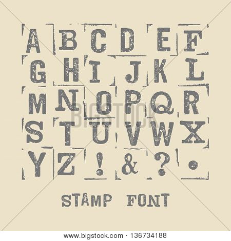 Vector latin alphabet. Vector font with grange texture. Vector isolated font on white background. Modern print letters with stamp texture. Vector stamp font.