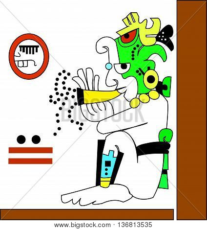 Young man playing the flute. Ethnic pattern of American Indians: Aztecs, Mayans, Incas. Vector illustration.