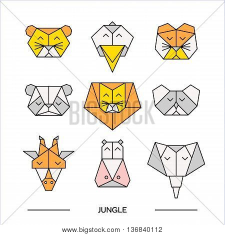 Low poly front view animal heads. Animal polygonal. Vector low poly animals. Low poly line design icon set. Vector low poly animals for tattoo or coloring book. Low poly jungle animals collection.