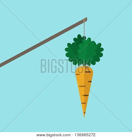 Orange carrot hanging on stick on blue background. Incentive motivation concept. Flat design. Vector illustration. EPS 8 no transparency