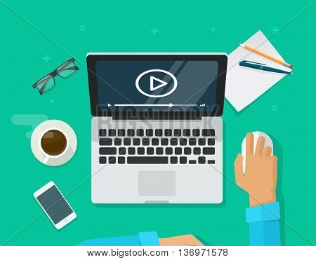 Workplace with person working on laptop watching video player, concept of webinar, business online training, education on computer, e-learning concept, video tutorial vector illustration