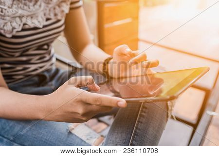 Hands Multitasking Woman Using Tablet. Using Tablet Shopping Payment Online. Using Tablet Shopping P