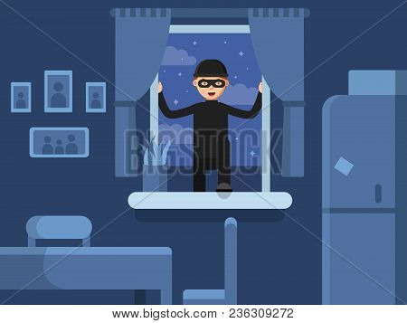 Thief Broken In Through The Window. Burglar Broken Window, Criminal Robber In Mask, Vector Illustrat