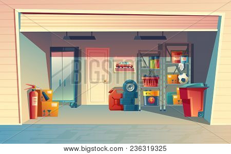 Vector Cartoon Illustration Of Garage Interior, Storage Room With Auto Equipment, Tires, Jerrican, M