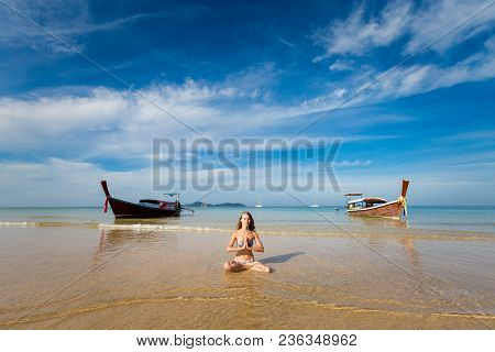 Tropical Summer Yoga Session On Beautiful Charlie Haad Farang Beach, Koh Mook Island In Thailand. Me