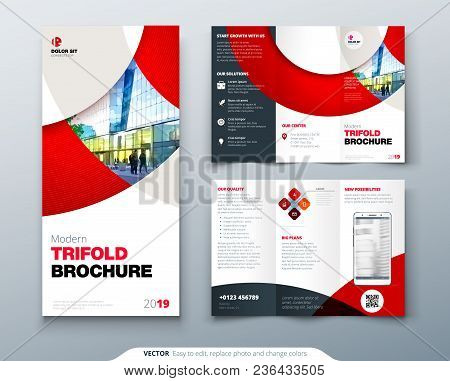 Tri Fold Brochure Design With Circle, Corporate Business Template For Tri Fold Flyer. Layout With Mo