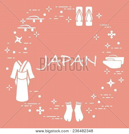 Traditional Japanese Clothing, Shoes And Shurikens. Japan Traditional Design Elements.