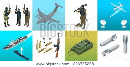 Isometric Icons Submarine, Aircraft, Soldiers. Set Of Military Equipment Flat High Quality Military 