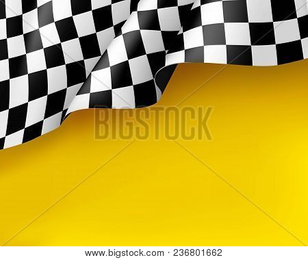 Symbol Racing Canvas Realistic Yellow Background. Flag Upright, Sign Marking Start And Finish. Vecto