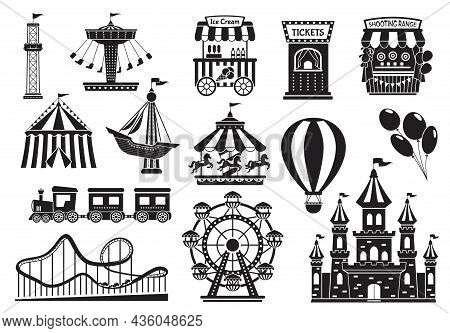 Amusement Park Silhouette Elements, Carnival Fairground Attractions. Kids Carousel, Roller Coaster, 