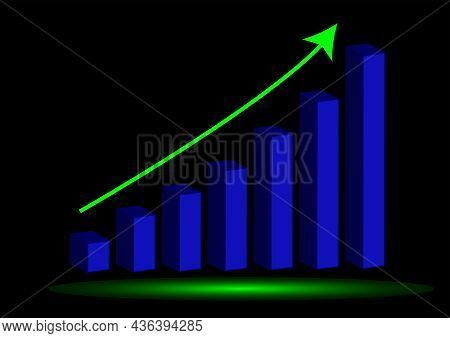 3d Blue Vector Diagram Blue With Green Arrow Going Up. Vector Icon Isolated On A Yellow Background. 