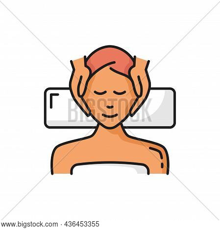 Woman At Cosmetologist, Face Massage, Skin Care Isolated Color Line Icon. Vector Applying Facial Cre