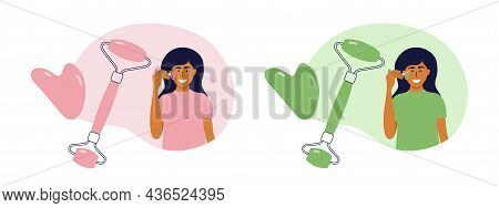 Vector Illustration Of Facial Massage By Face Roller And Gua Sha Scraper. Skin Beauty Care Routine. 