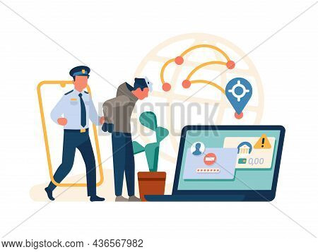 Hacker And Police. Security Guard Arrested Digital Thief. Fighting Cyber Crime. Information Protecti