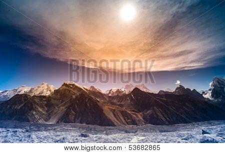 Himalaya scenic mountain landscape against the sunset sky