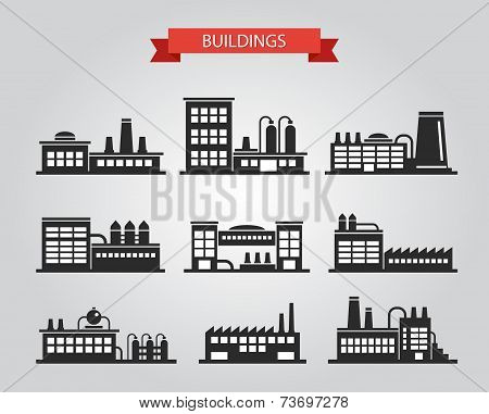 Set of flat design industrial buildings pictograms