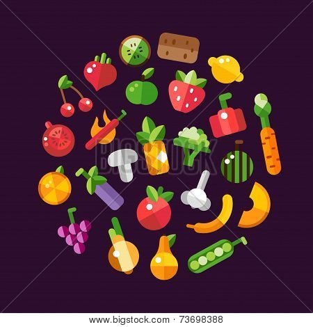 Illustration of flat design fruits and vegetables icons composit