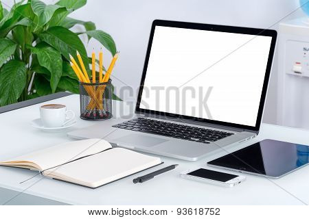 Laptop Mockup With Tablet Computer Smartphone And Notebook On The Modern Office Desk