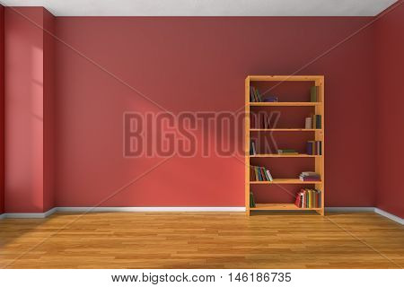 Empty room with red wall wooden parquet floor and wooden bookshelf with many color books on shelves with light from window on red wall and parquet floor minimalist interior 3D illustration