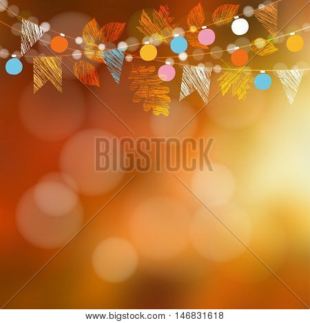 Autumn fall card banner. Garden party decoration. Garland of oak maple leaves lights party flags.Vector blurred illustration background.