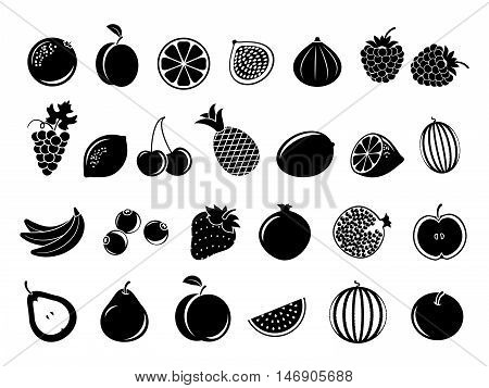 Black fruit icons. Set of fruit in monochrome style and tropical fruits of lemon and banana. Vector illustration