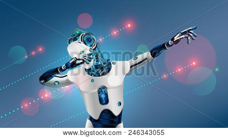 Robot Or Cyborg Dabbing On Party. Android In Dab Pose. Cybernetic Man With Artificial Intelligence D