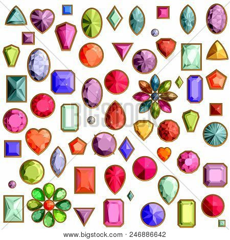 Vector Set Of Realistic Precious Stones Jewels Isolated On White Background With Different Cuts. Pri