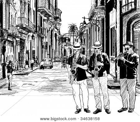 Illustrazione di una band jazz in una strada di Cuba con sax e tromba