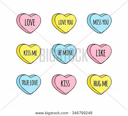 Vector Hand Drawn Doodle Set Of Different Sweet Heart Candies Isolated On White Background. Bundle O